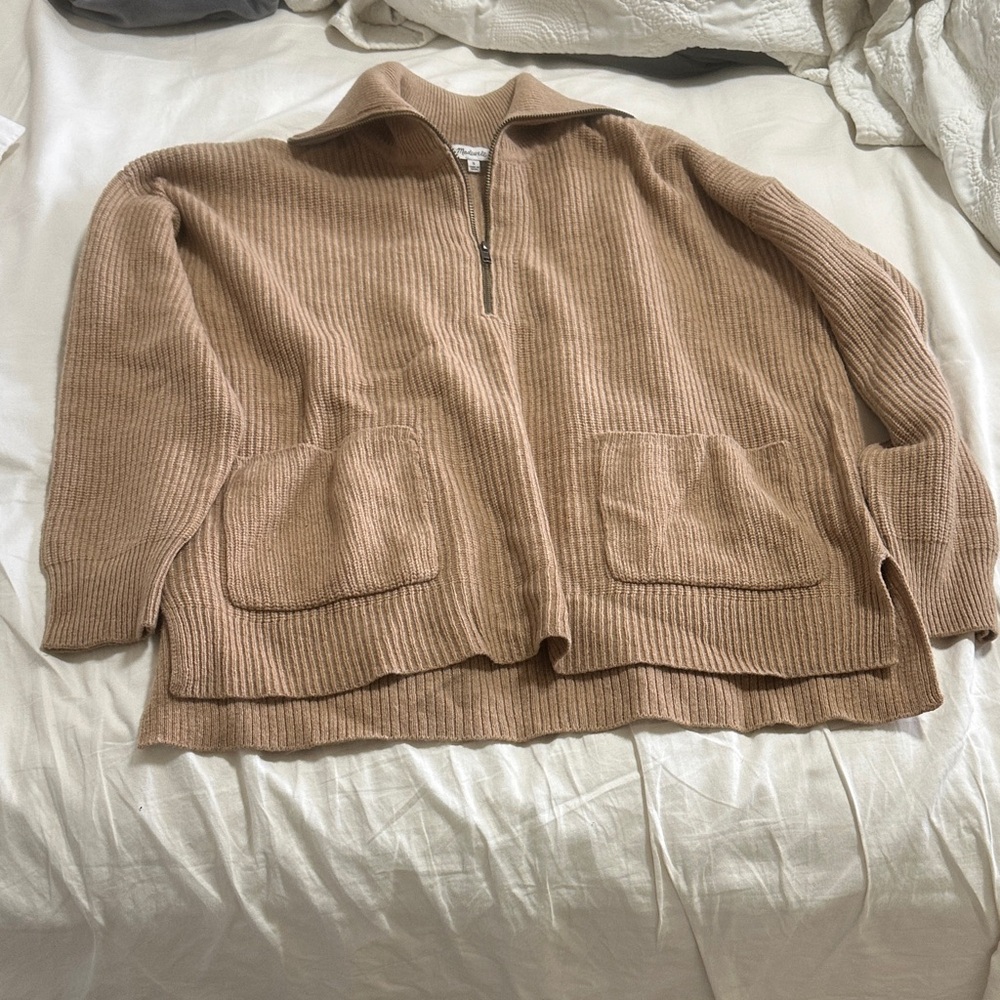 Madewell Half-Zip Ribbed Knit Sweater Camel Small